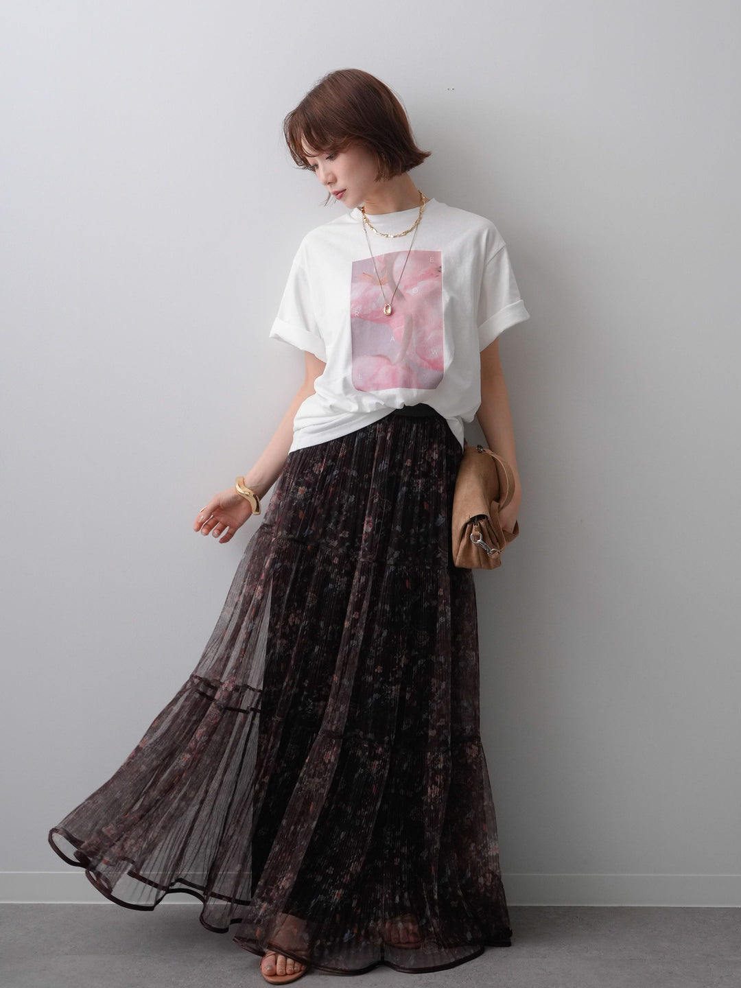[SET]ニュアンスフローラルフォトTEE+フラワーチュールギャザースカート(2set)