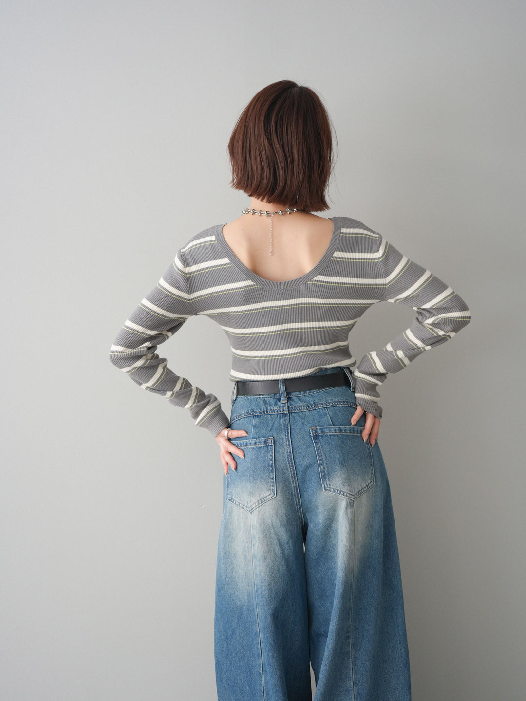 [予約]バックオープンテレコリブマルチボーダートップス/gray