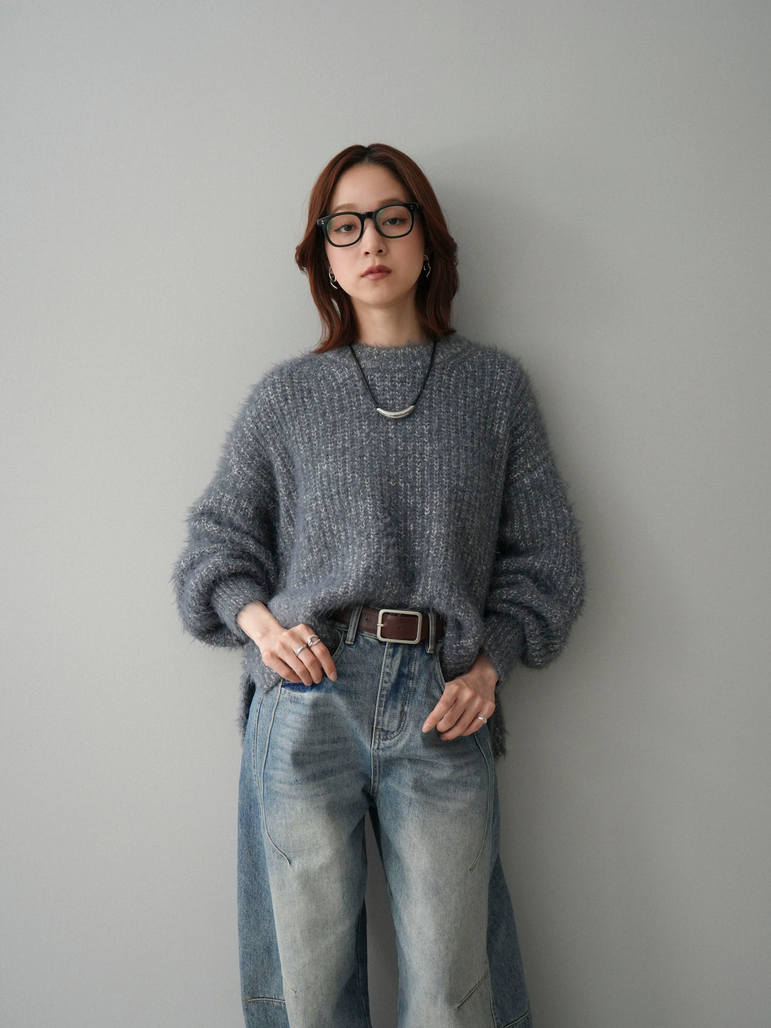 [SET]ボリュームスリーブシャギー MIXニットプルオーバー+ベルト付カーブデニムパンツ(2set)