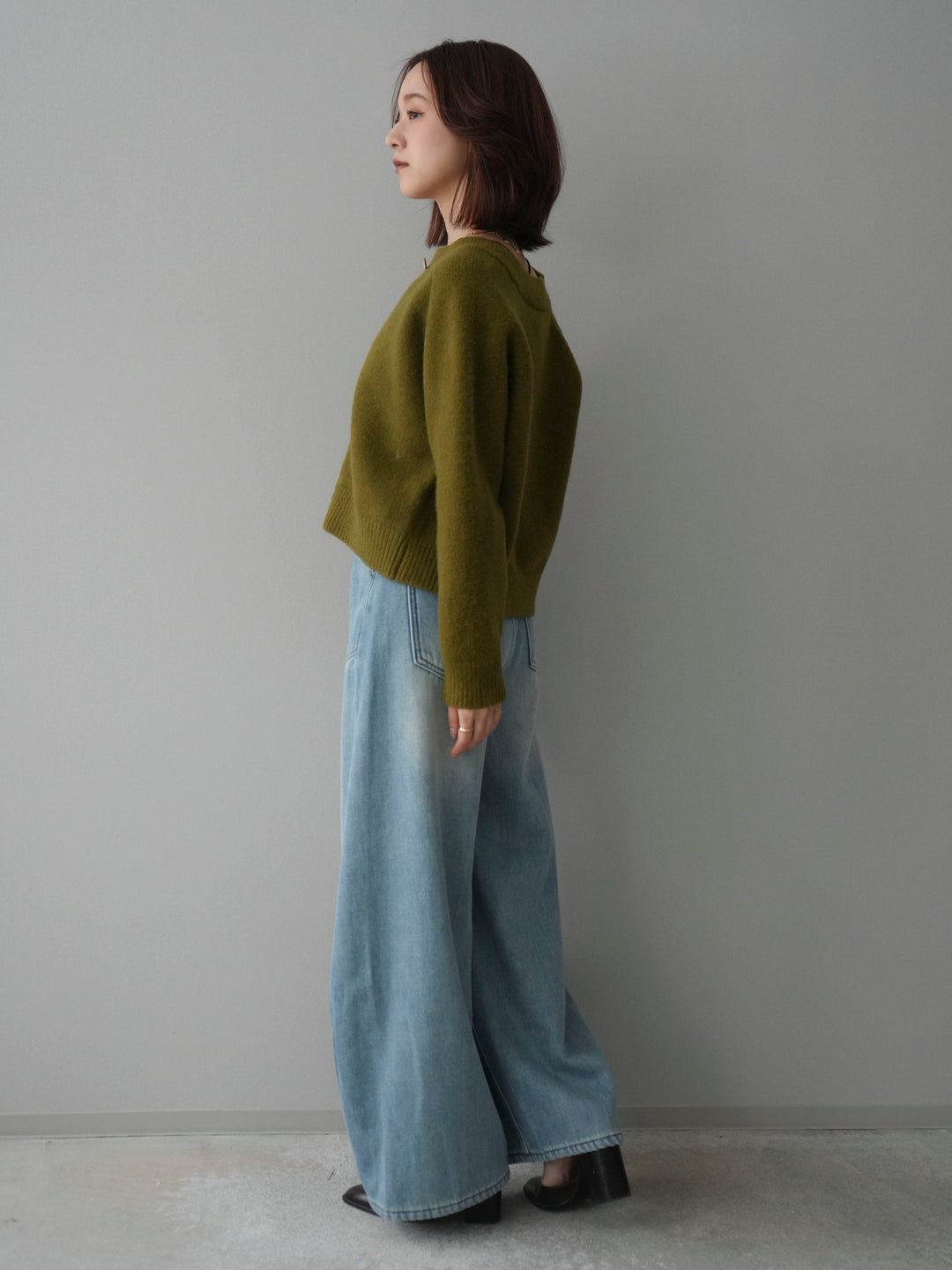 [SET]BIGボタンニットカーディガン+ベルト付裏起毛カーブデニムパンツ(2set)