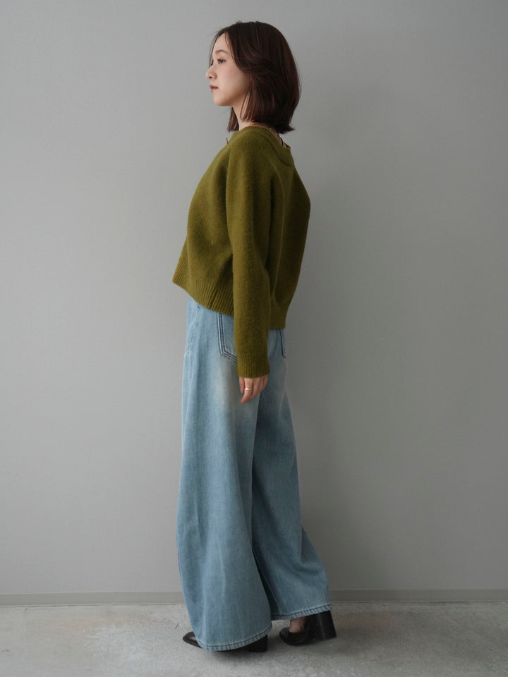 [SET]BIGボタンニットカーディガン+ベルト付裏起毛カーブデニムパンツ(2set)