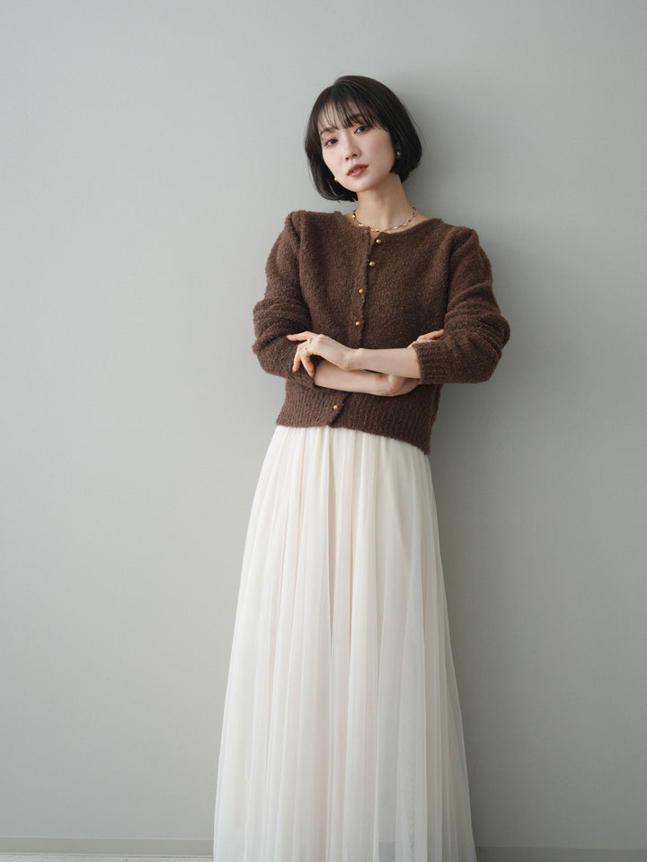 [SET]ゴールドボタンブークレニットカーディガン+チュールボリュームスカート(2set)
