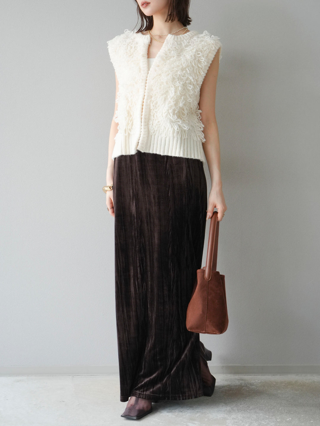 [SET]レザー襟オンブレチェックオーバーシャツ +ループデザインホックベスト +クラッシュベロアナロースカート(3set)