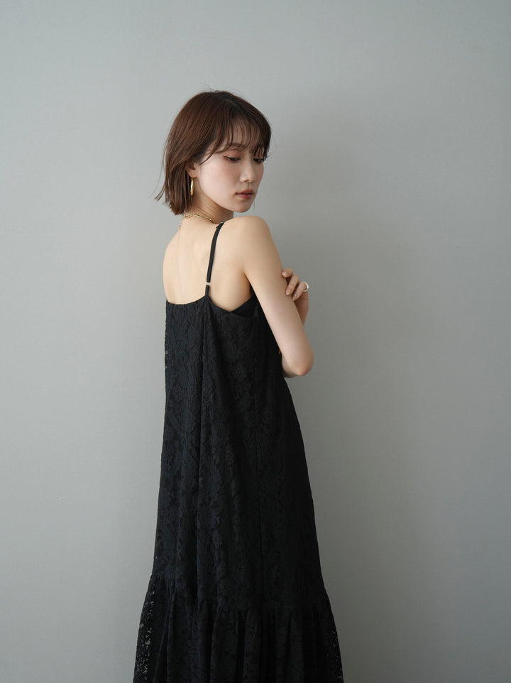 [予約]ギャザー切替レースキャミワンピース/black