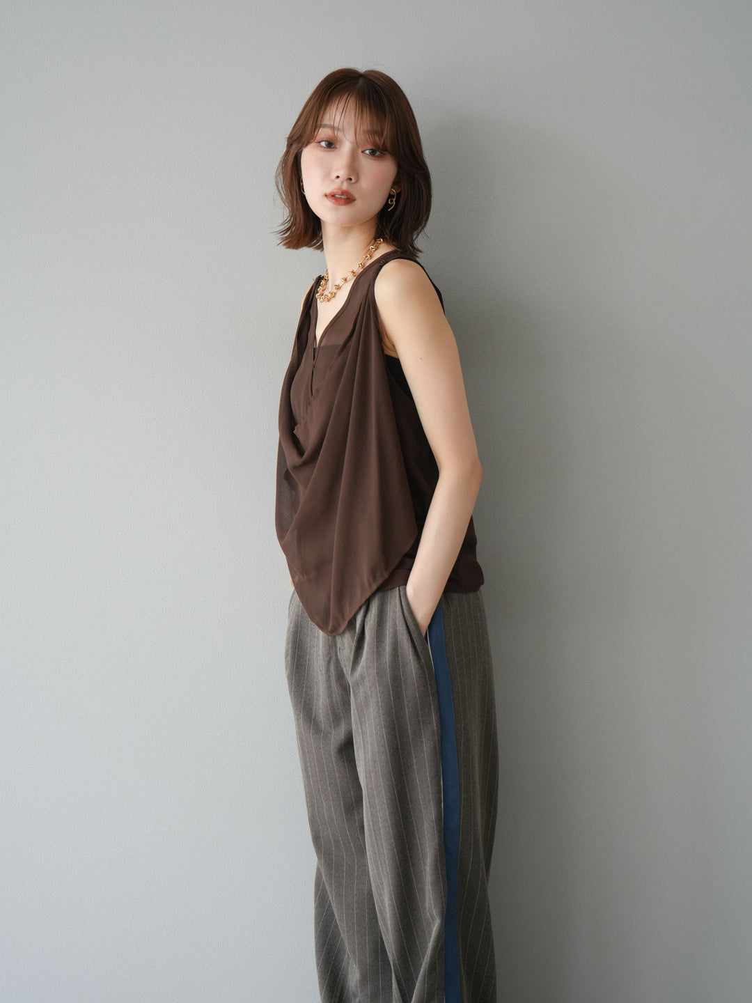 [予約]サイドラインストライプワイドパンツ/ブラウン