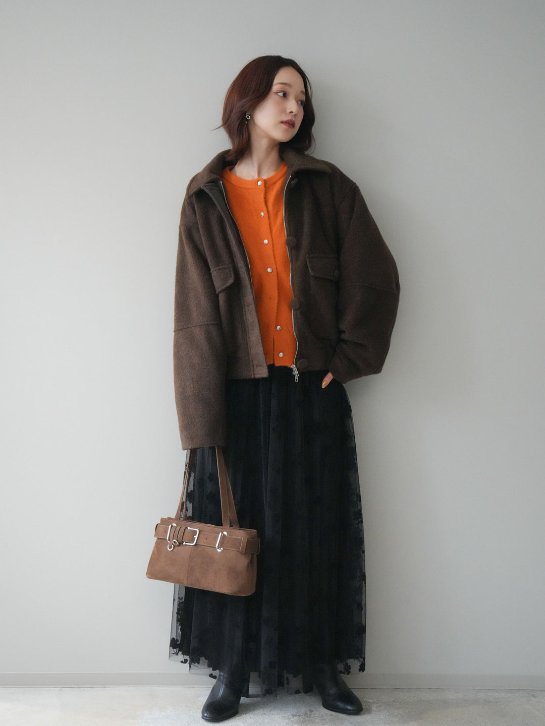 [SET]ウールライクフライトジャケット+アンティークボタンニットカーディガン+フラワーフロッキーチュールプリーツスカート(3set)