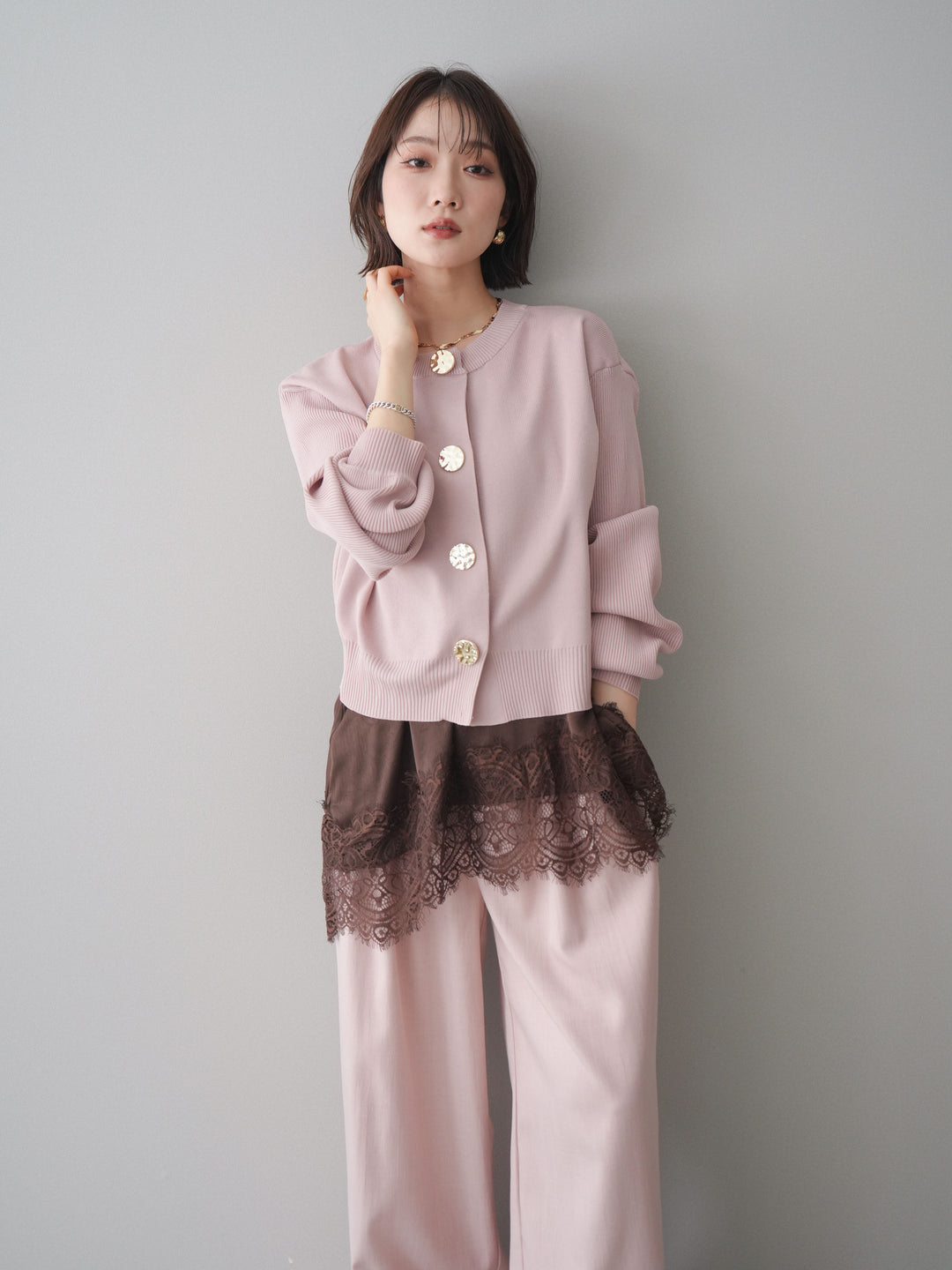 [SET]メタルボタンクルーネックニットカーディガン+選べるアクセセット(2set)