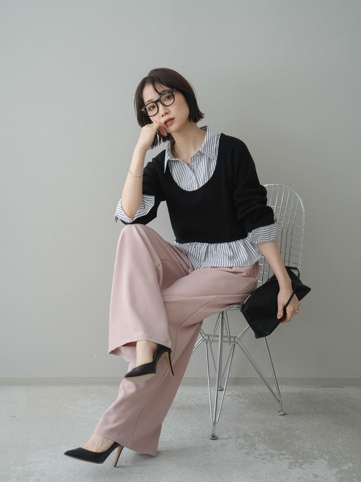 [予約]ストライプシャツUネックドッキングニットプルオーバー/blackoffstripe