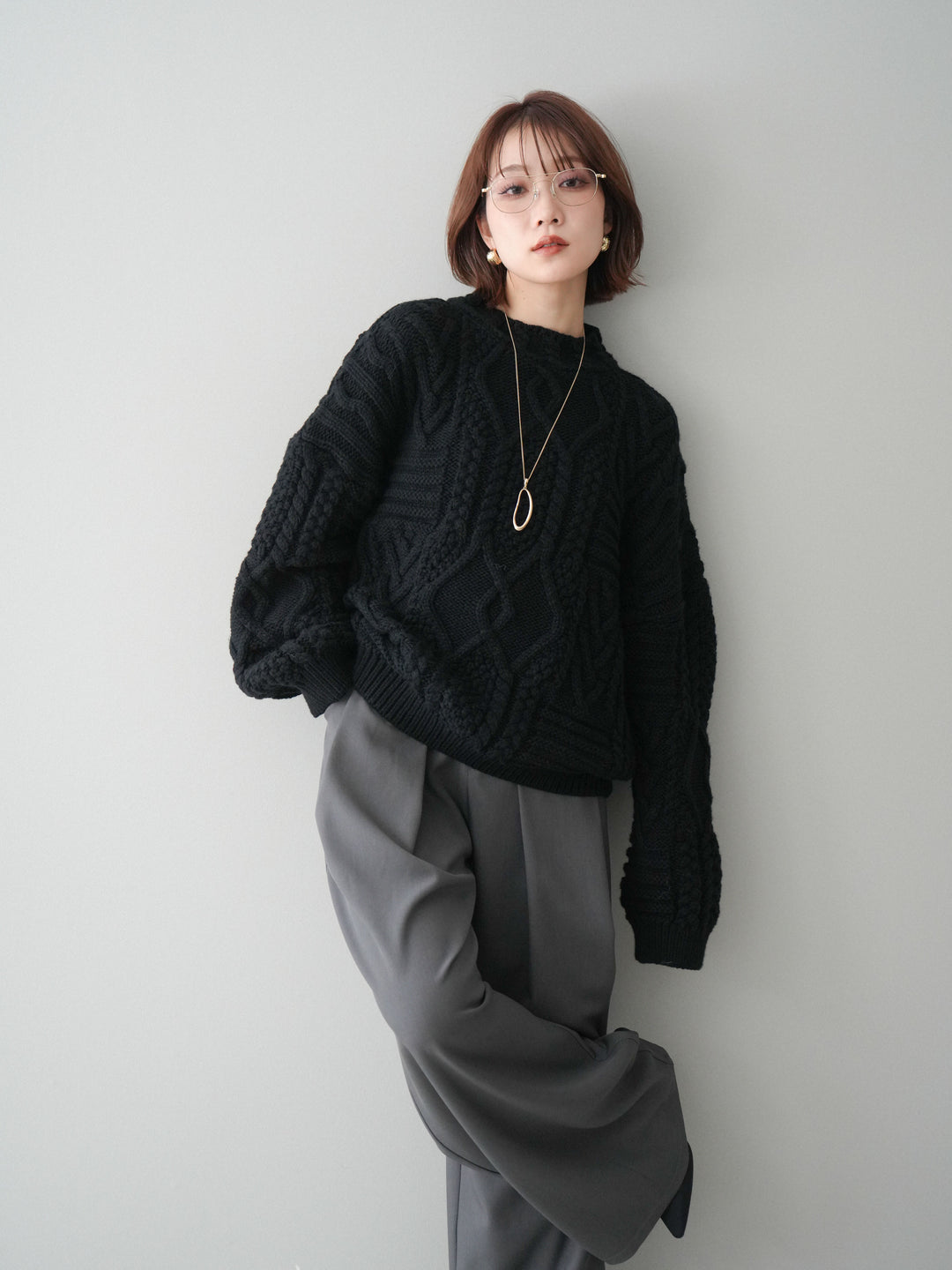 [SET]ケーブル編みモックネックニットプルオーバー+ベルトループデザインワイドパンツ(2set)