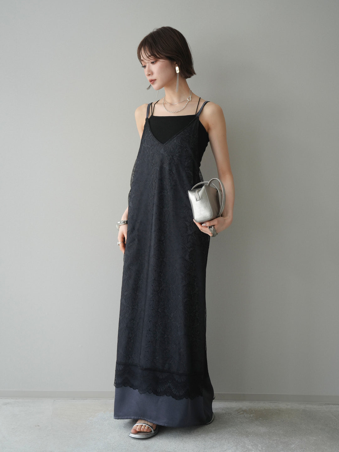 [予約]サテンレースレイヤードキャミワンピース/black