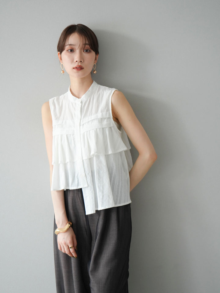 [SET]ドビーストライプアシンメトリーフリルノースリブラウス+コード刺繍チュールレイヤードパンツ(2set)