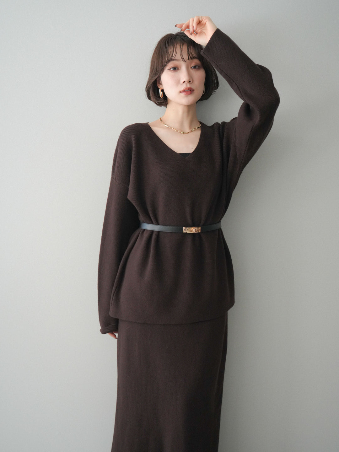 [SET]ベルト付Vネックニット＆スカートSET UP+選べるアクセセット(2set)