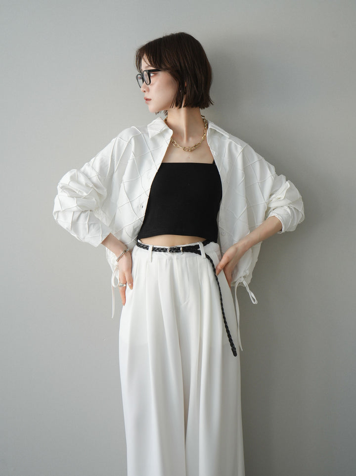 [SET]パイピングクロスデザインブラウス+編み込みベルト付タックワイドパンツ(2set)