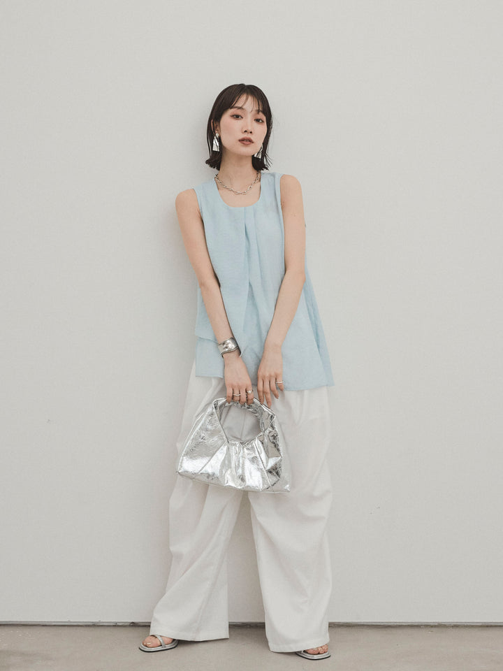 [SET] 透視褶皺不對稱上衣 + 設計環側褶褲 (2 件組)