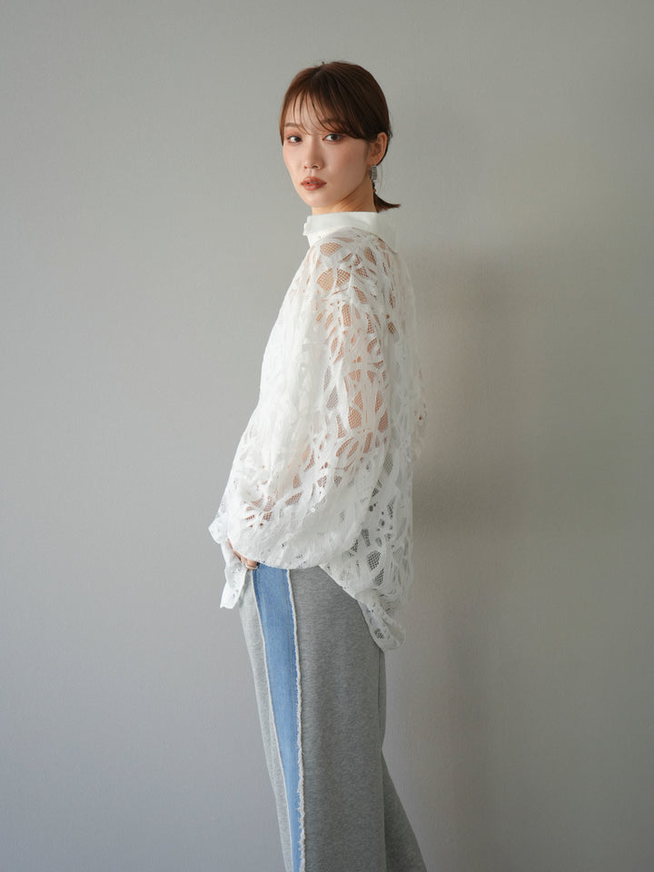 [SET]コードレースオーバーシャツ+デニムドッキングスウェットスカート(2set)