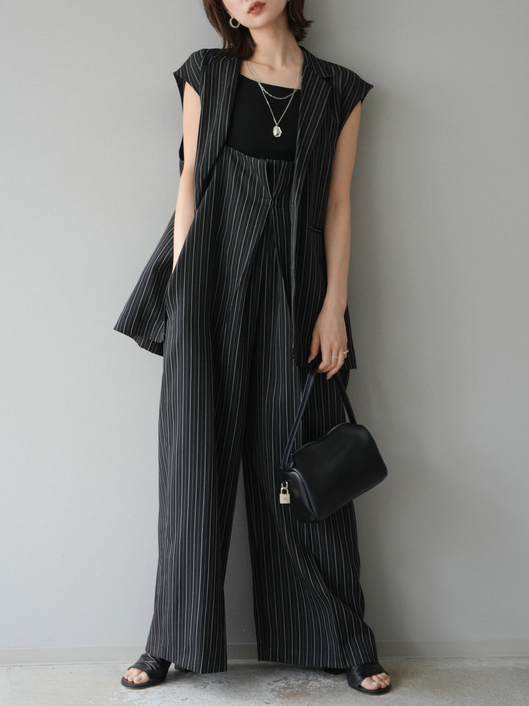 [SET]ヘリンボーンストライプジレ+ヘリンボーンストライプサロペット(2set)