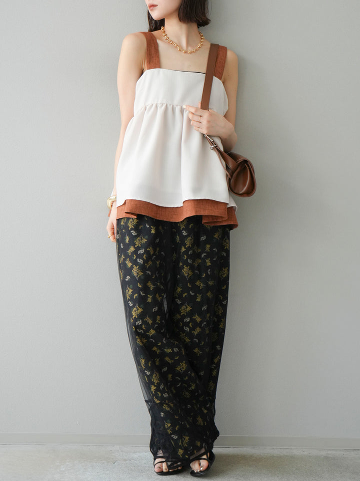 [SET]リネンライク配色フレアタンクトップ+ブーケプリントタックパンツ(2set)