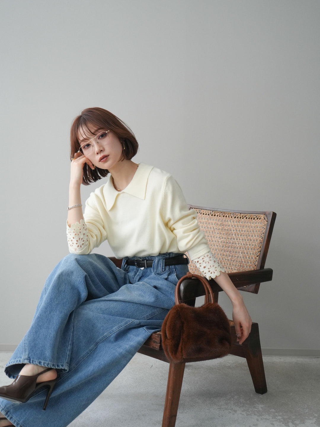 [SET]スカラップレース袖襟付きニットトップス+選べるアクセセット(2set)