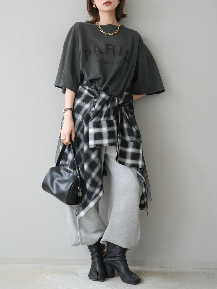 [SET]ピグメントロゴプリントTシャツ+2WAYデザインスウェットパンツ+チュールドッキングチェック柄オーバーサイズシャツ(3set)