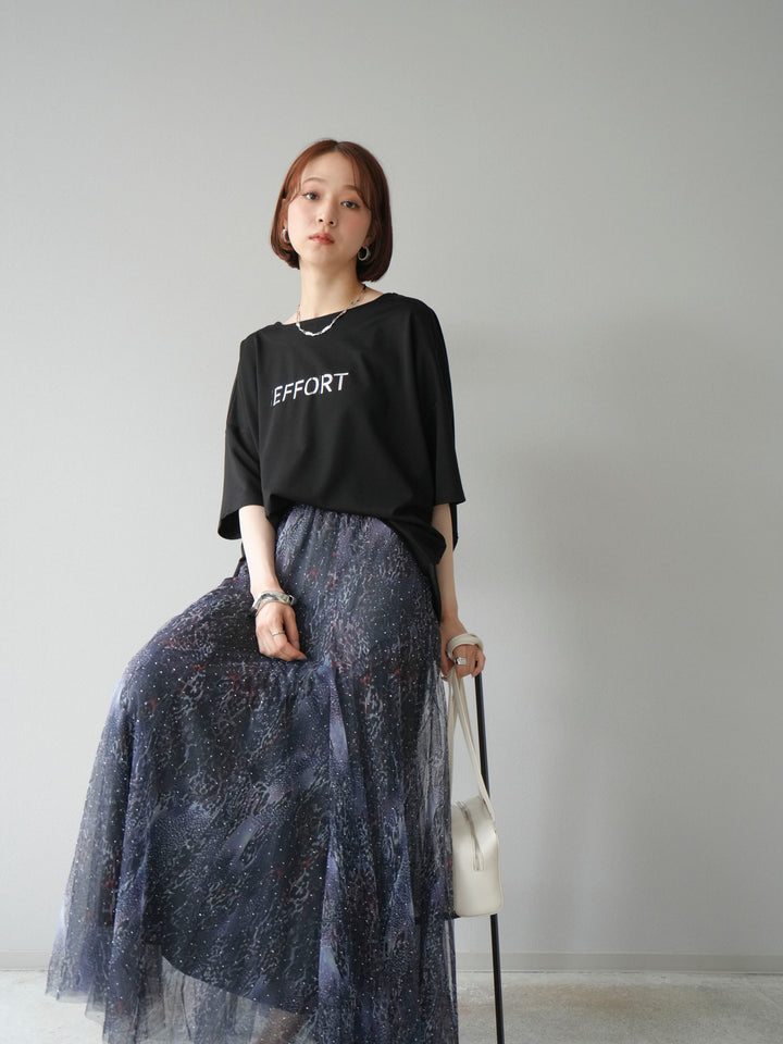 [予約]異素材メタリックロゴ刺繍×プリントTシャツ/ブラック