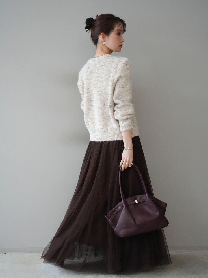 [SET]ブローチ付silverボタンミックスニットカーディガン+チュールボリュームスカート(2set)