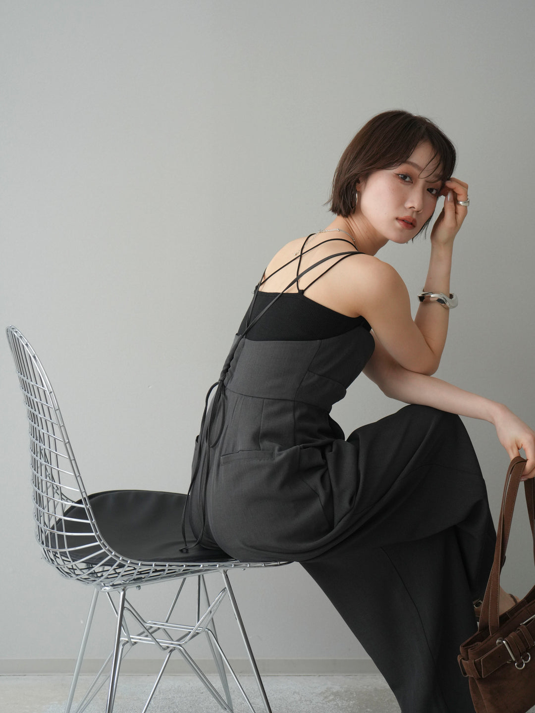 [予約]バックデザインサロペット/charcoal