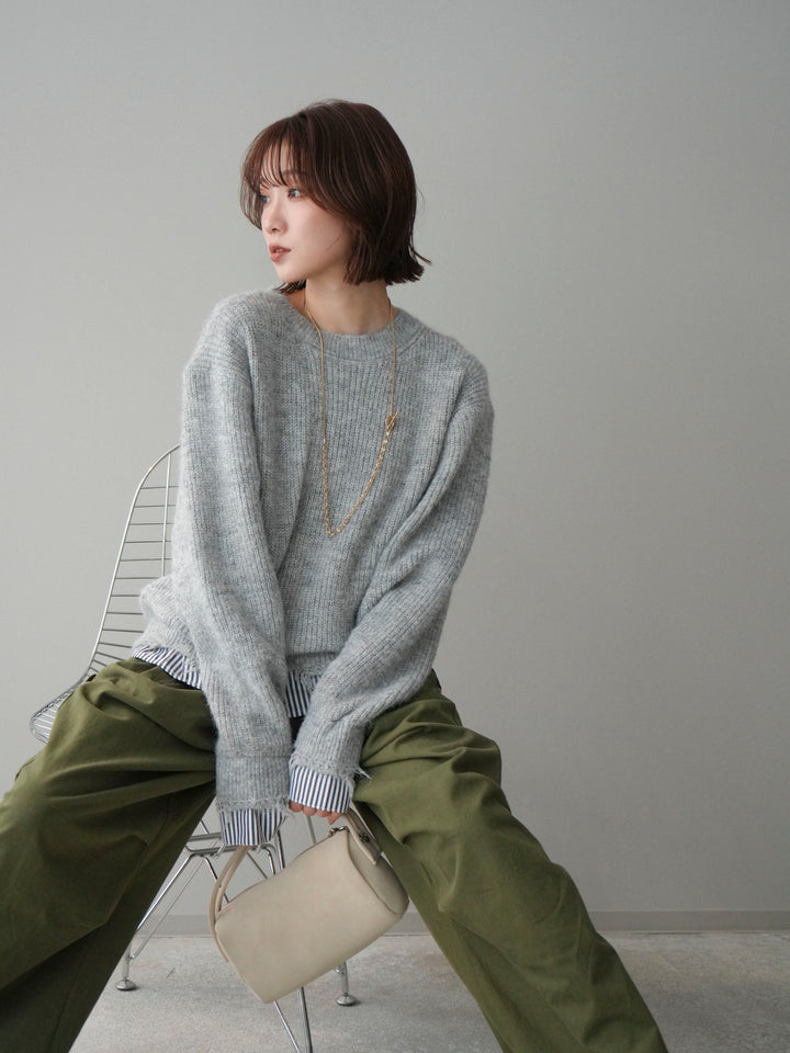 [SET]裾シャツレイヤードダメージニットプルオーバー+コットンタックループパンツ(2set)