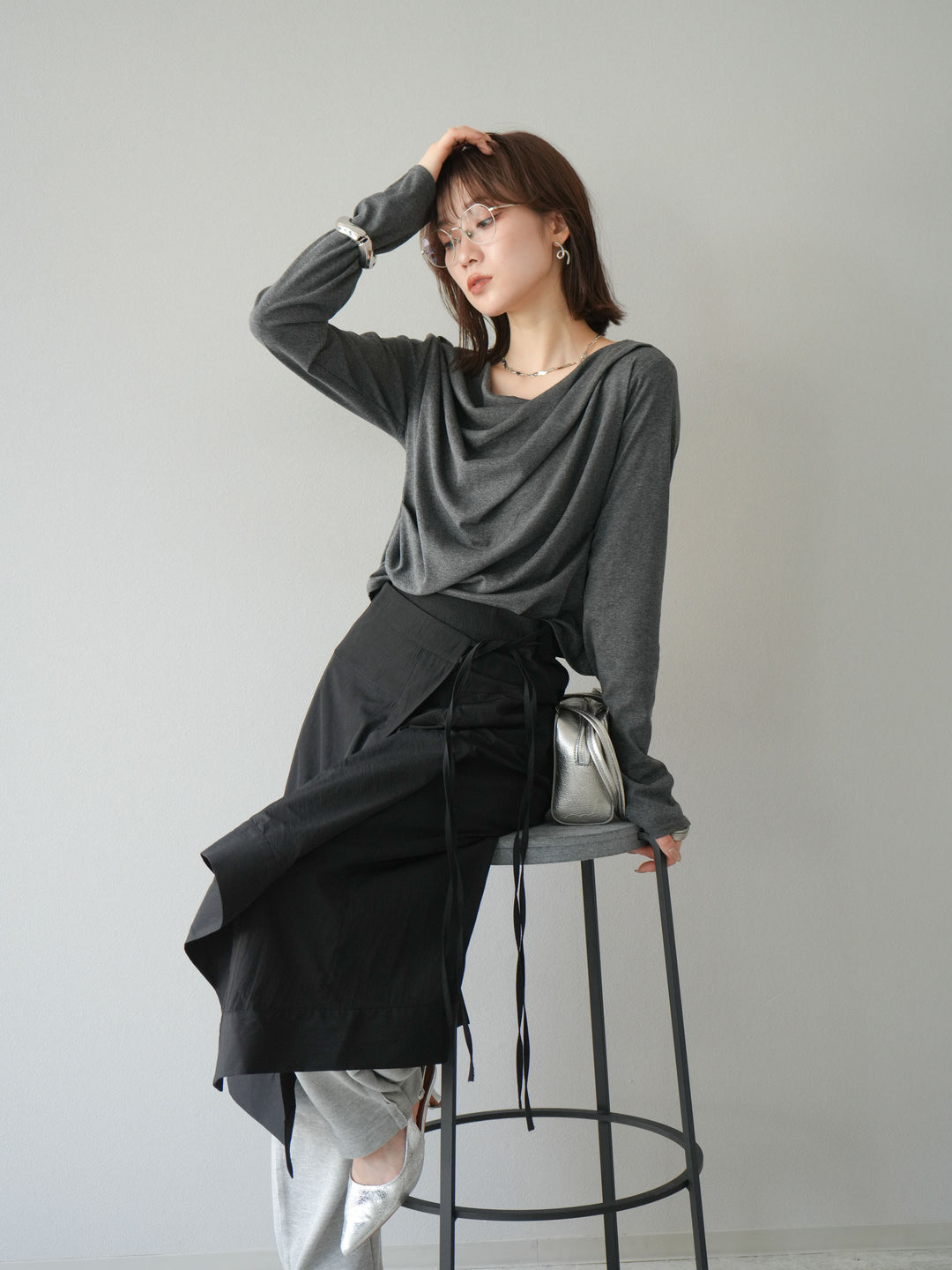 [予約]ドレープデザインカットソー/チャコール