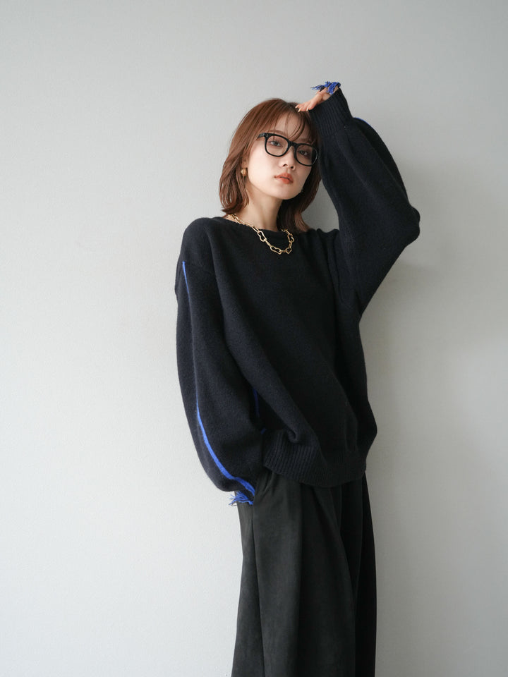 [SET]配色ステッチフリンジニットプルオーバー +スウェードタックワイドパンツ(2set)