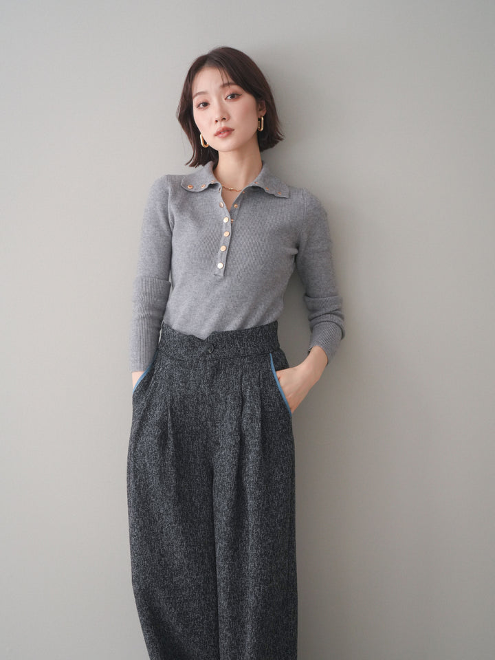 [予約]ゴールドボタンニュアンスタートルリブニットトップス/gray