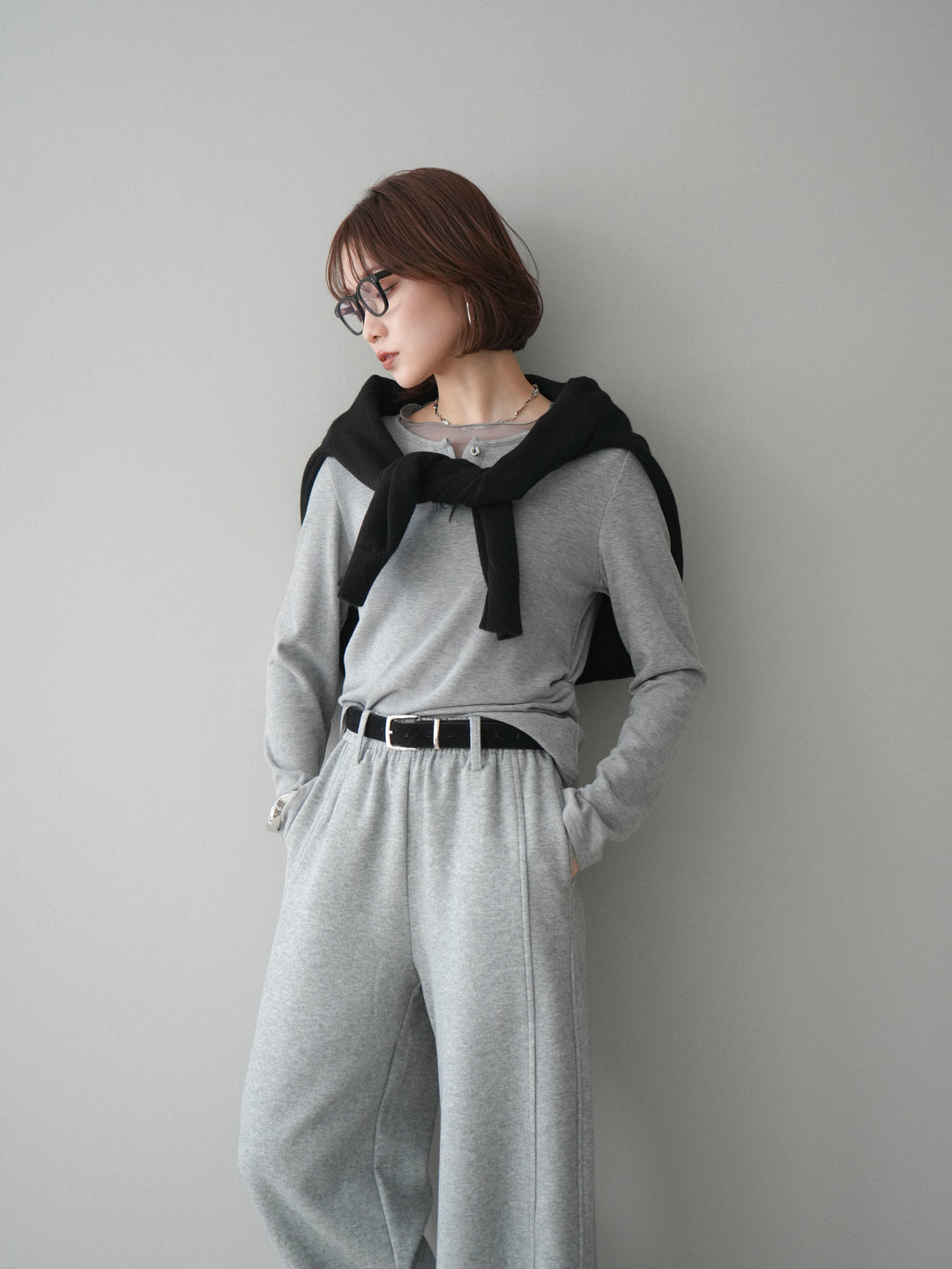 [予約]チュールレイヤードヘンリーネックカットソー/gray