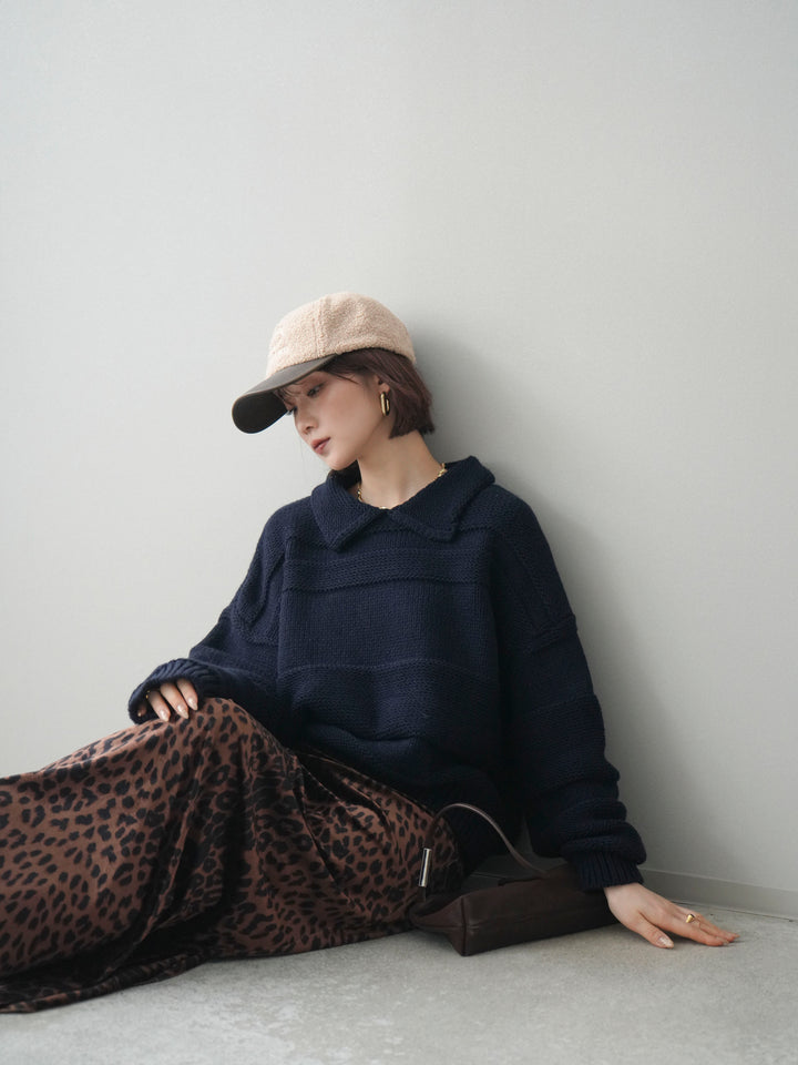 [予約]襟付きボーダー編みニットプルオーバー/navy