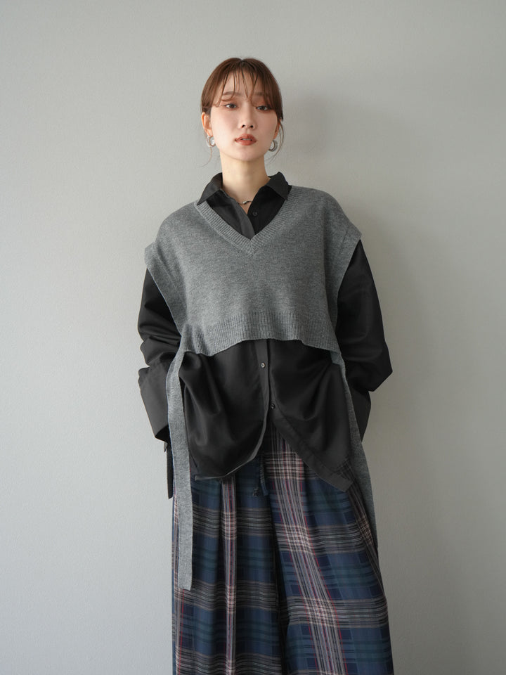 [予約]サイドリボンVネックショートニットベスト/チャコール