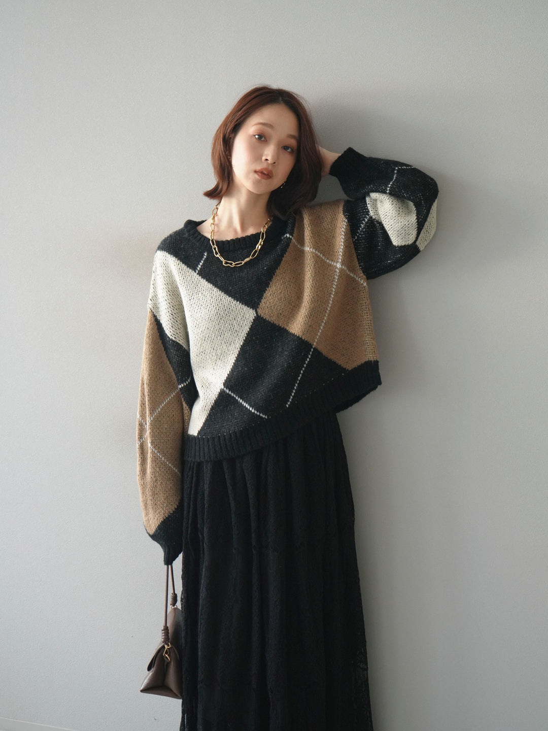 [SET]配色ステッチアーガイル柄ニットプルオーバー+ヴィンテージライクメッシュレーススカート(2set)