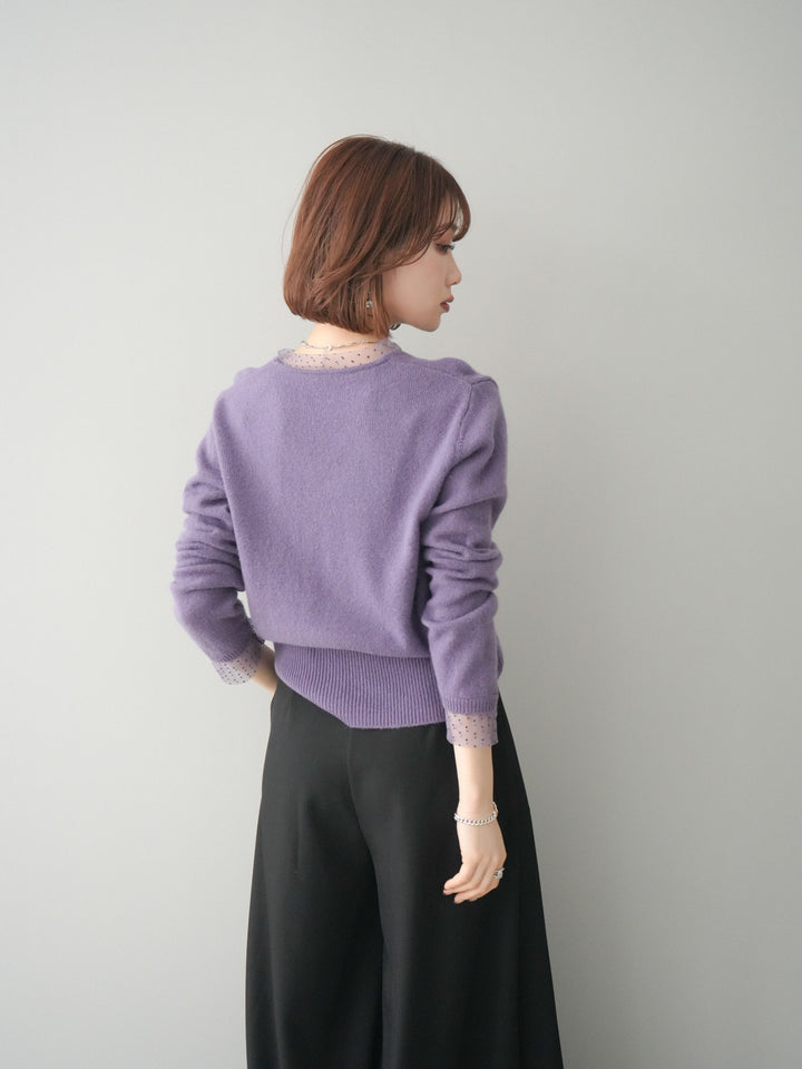 [SET]ドットチュールレイヤードボタンニットトップス+テープベルトタックバギーパンツ(2set)