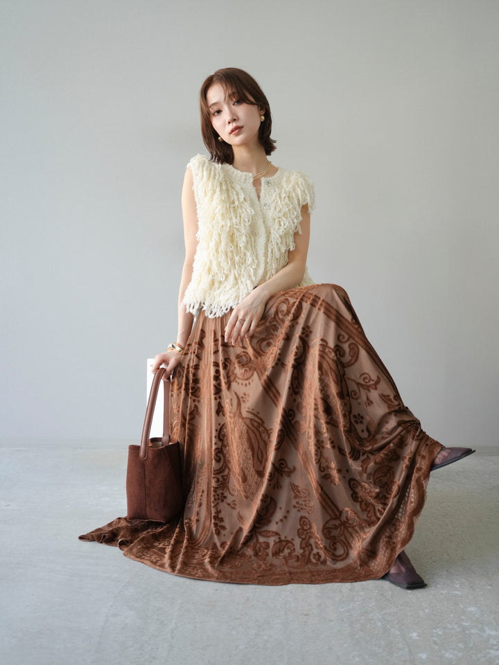 [SET]フリンジループニットベスト+アンティーク柄フロッキーマキシスカート(2set)