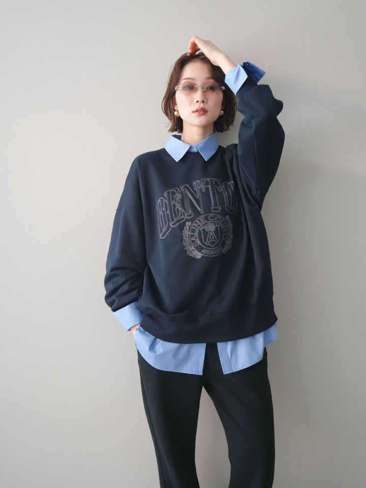 [SET]カレッジロゴ刺繍BIGスウェットプルオーバー+ボウタイ付オーバーシャツ(2set)