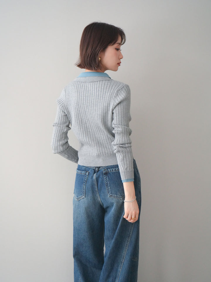 [予約]ダブル襟ポロリブニットトップス/gray