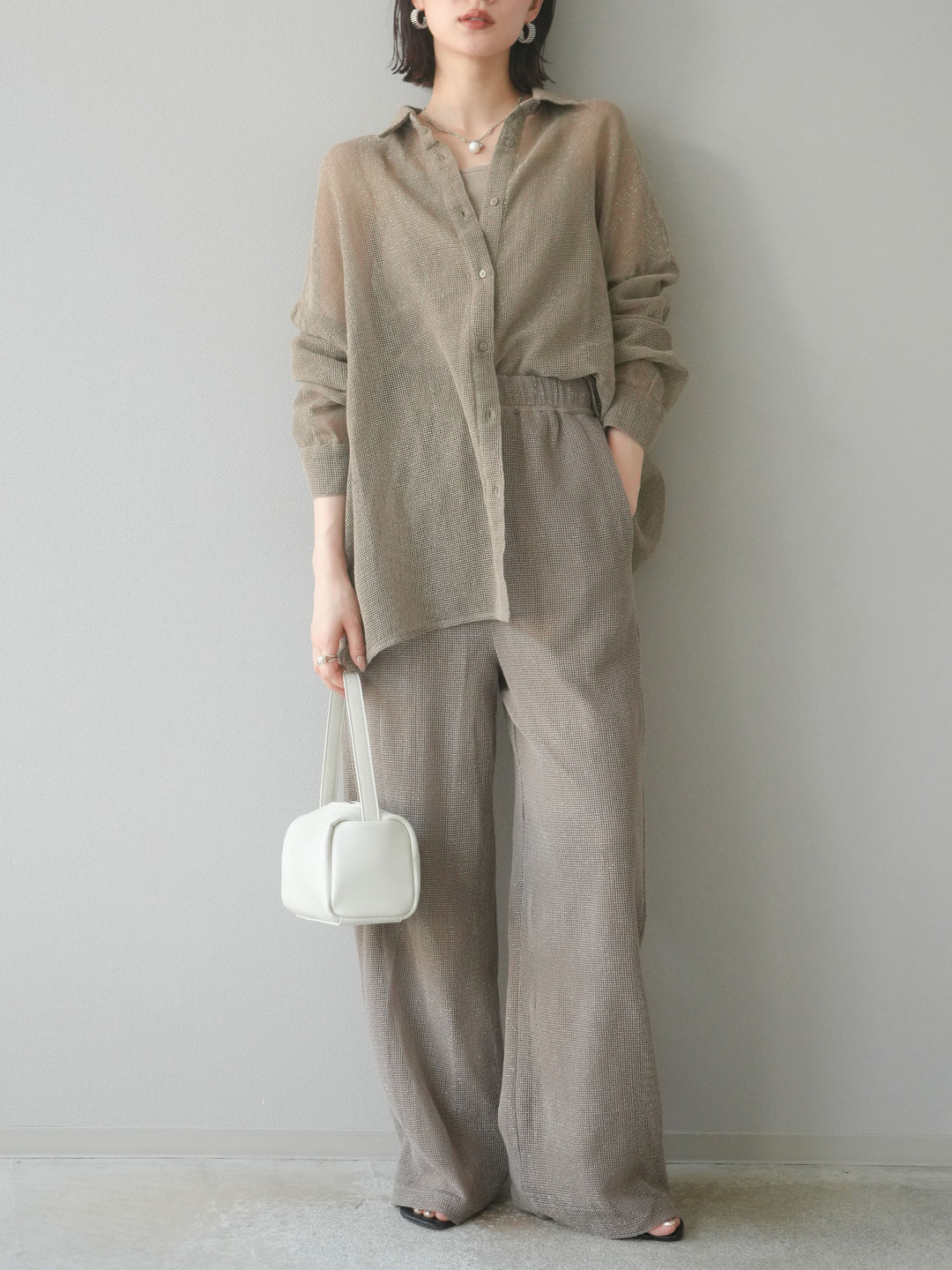 [預購] 棉金銀絲網眼休閒褲/米色