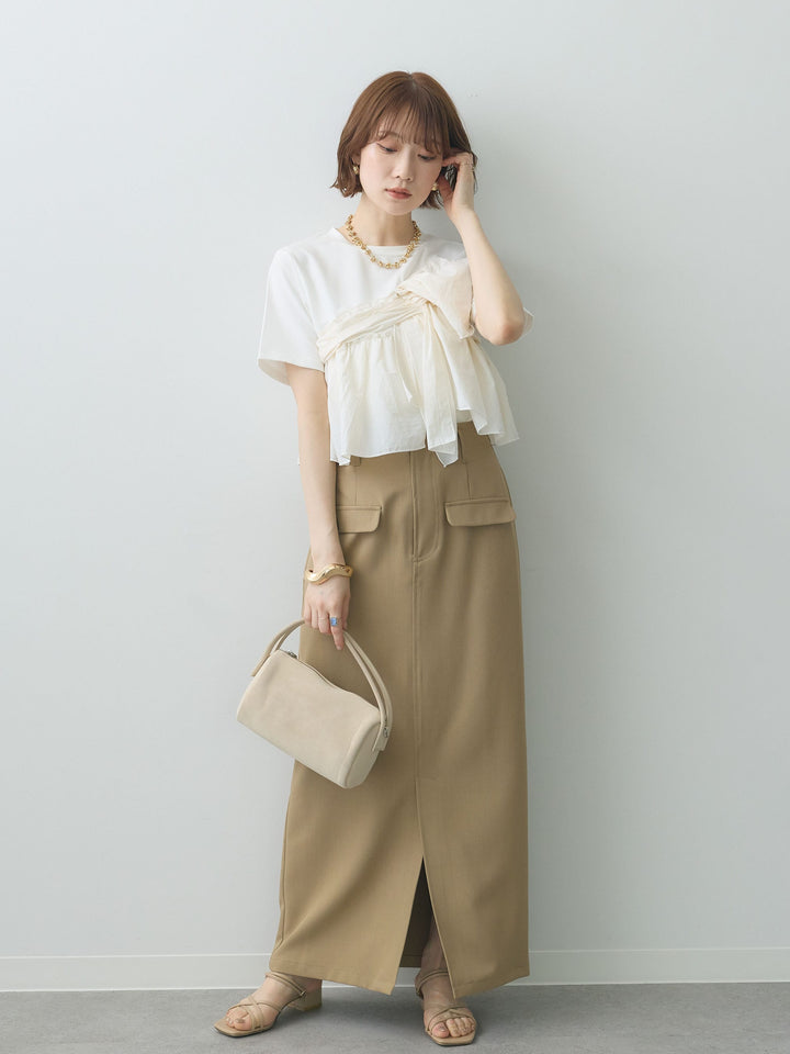 【着回しセット】[SET]ナイロンドッキングツイストTEE +ナイロンドッキングツイストTEE +クレープデシンフラップ付きストレートスカート(3set)