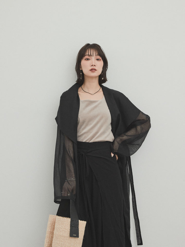 [SET] 方形天鵝絨背心 + 水洗緞層疊裙褲 + 透視長外套 (3 件套)