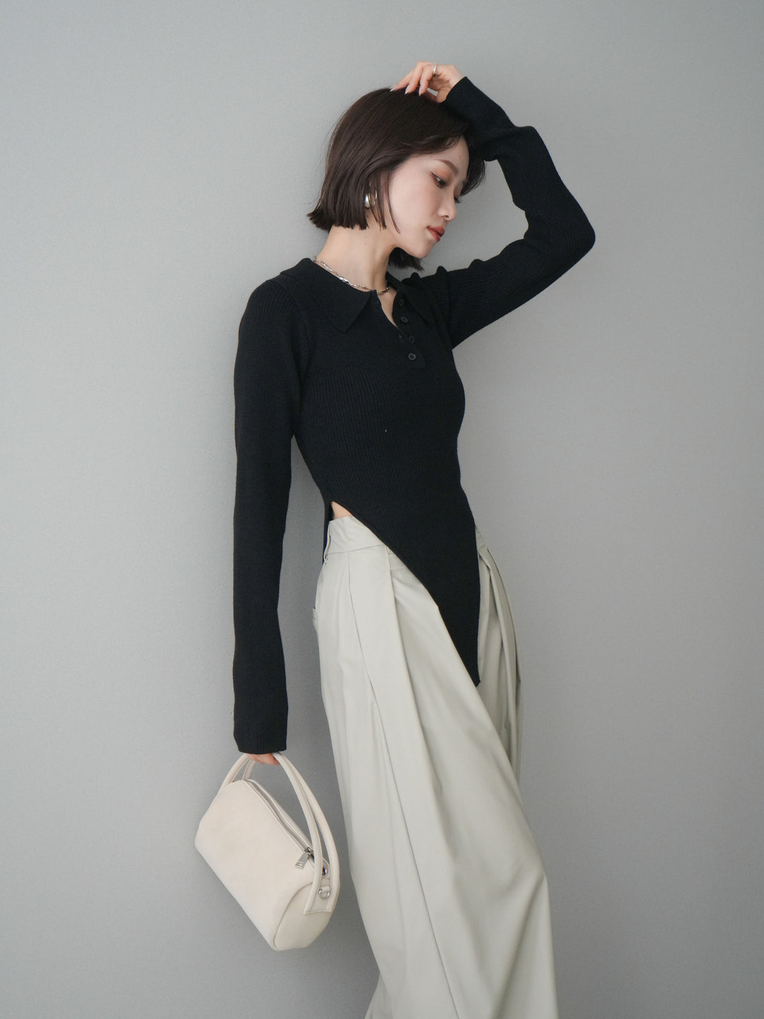 [予約]リブポロニットボディスーツ/black