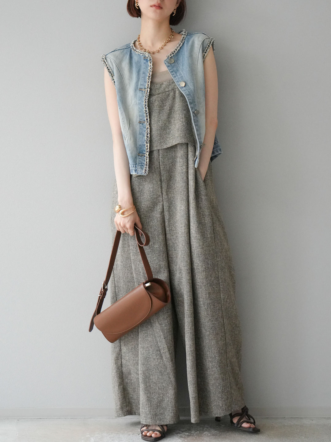 [予約]サマーツイードケープサロペット/ブラウン