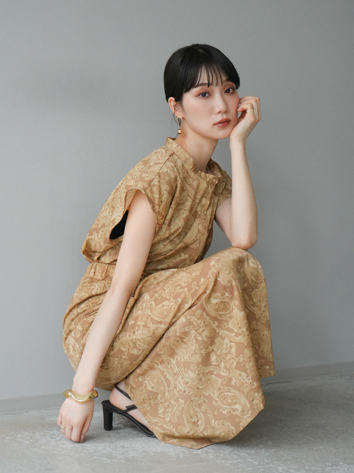 [SET]ペイズリープリントゴールドボタンブラウス+ペイズリープリントタックIラインスカート(2set)