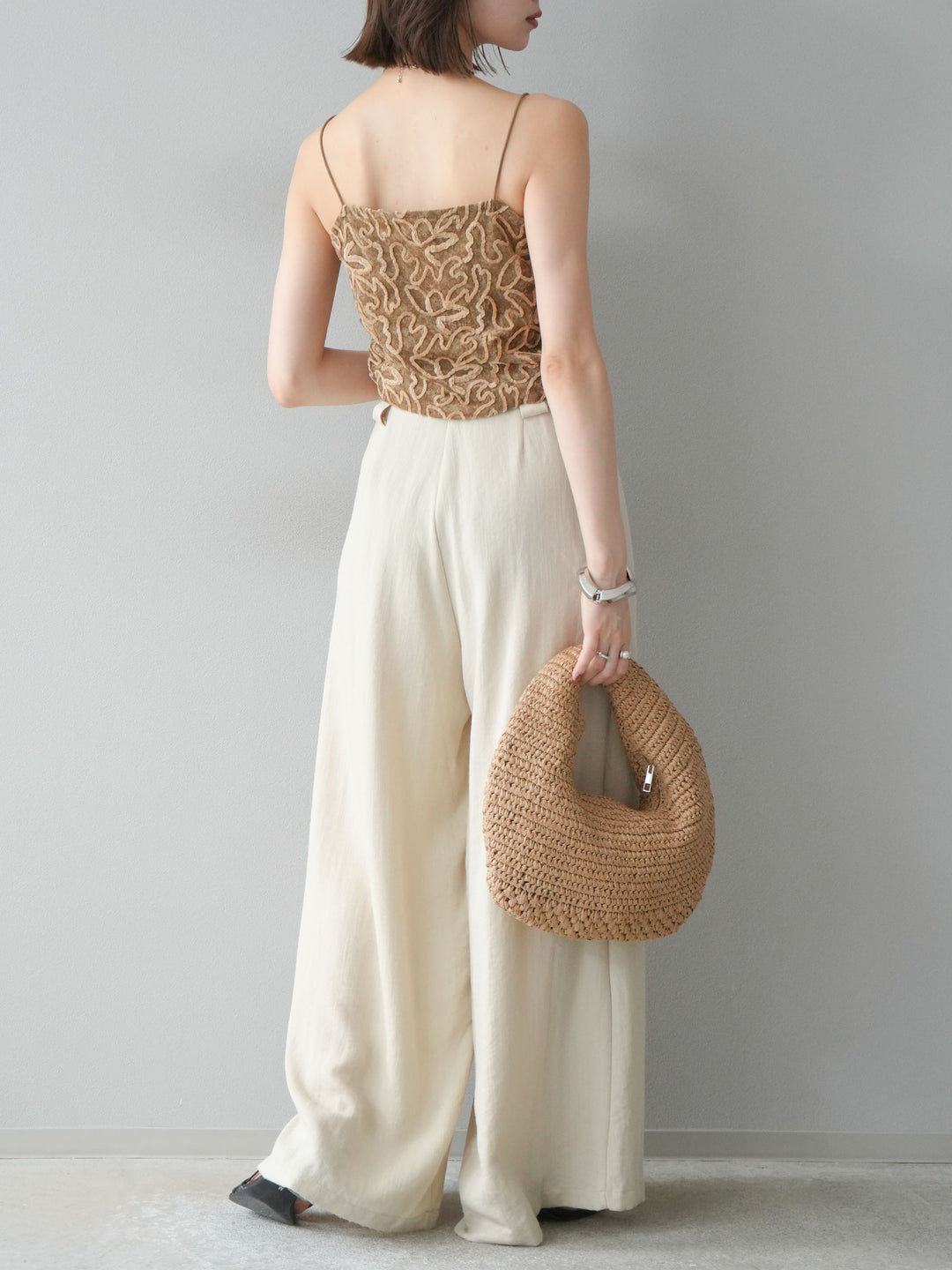 【預購】繩紋設計腰帶亞麻觸感寬褲/米色