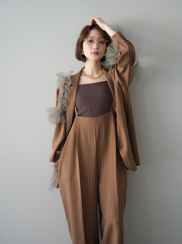 [SET]アシンメトリーチュールストライプジャケット+ヘリンボーンストライプサロペット(2set)