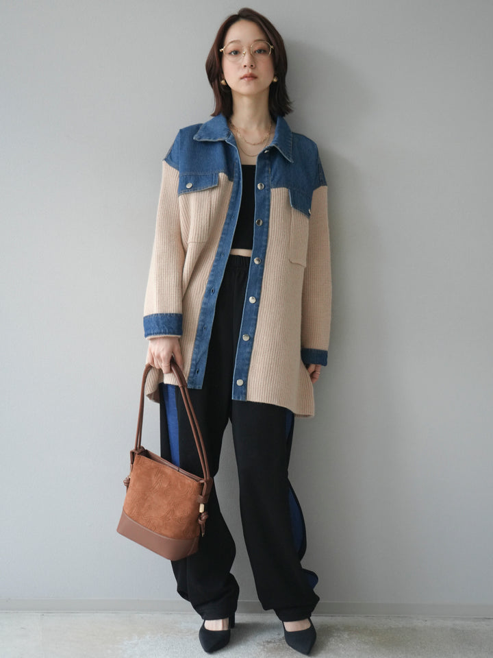 [予約]デニム襟付きニットジャケット/beige