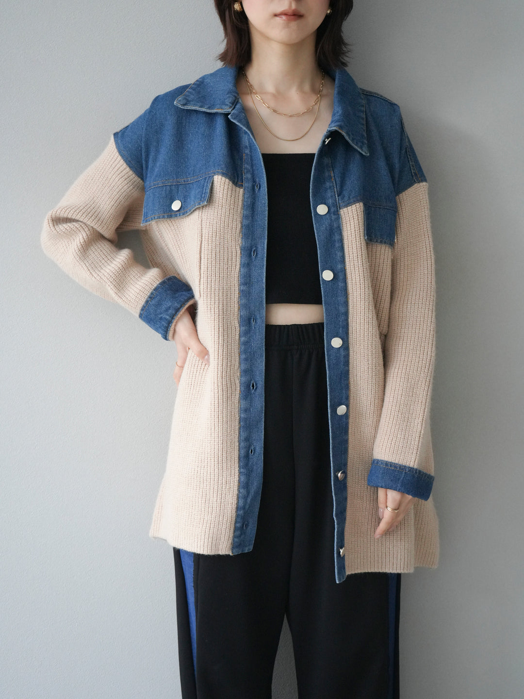 [予約]デニム襟付きニットジャケット/beige