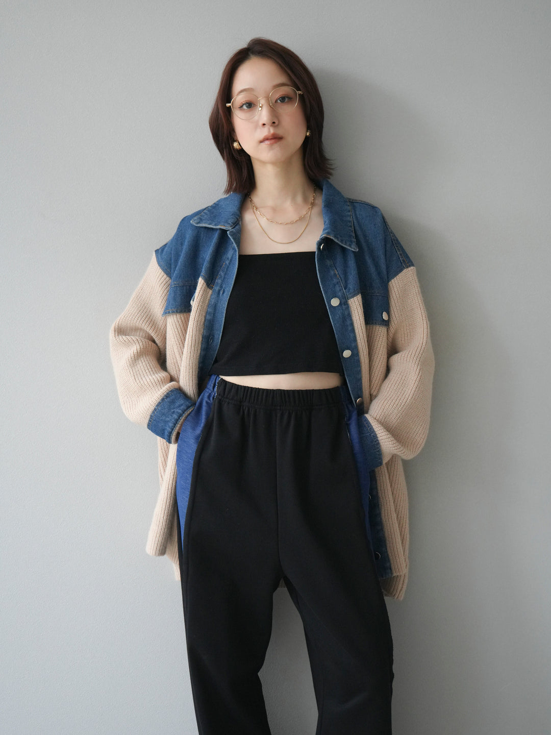 [予約]デニム襟付きニットジャケット/beige