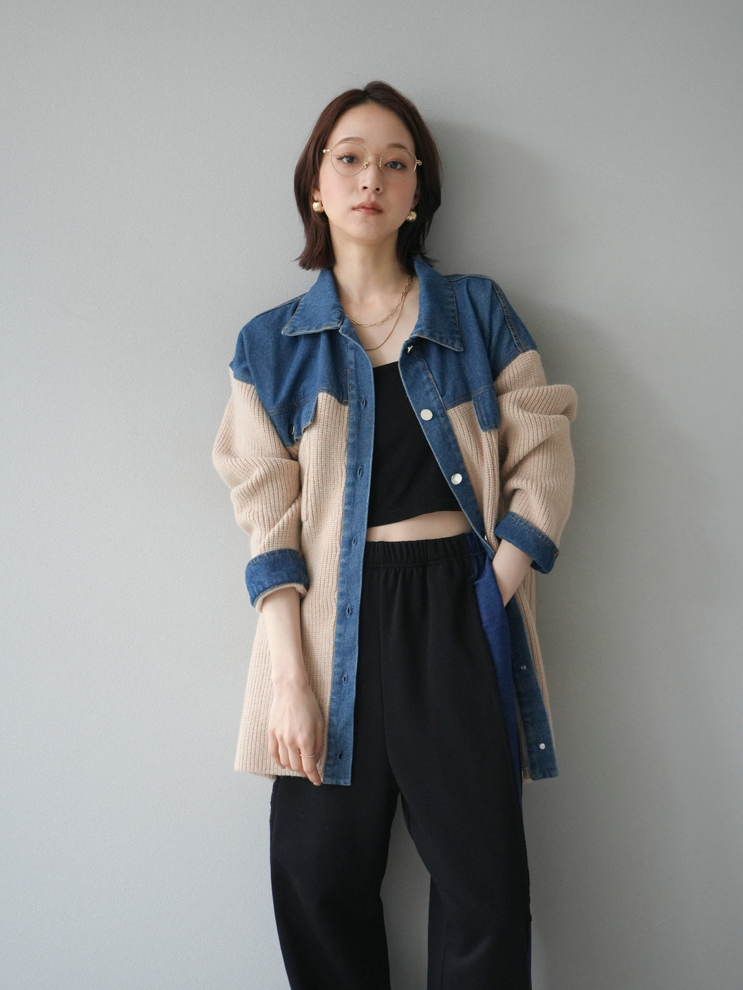 [予約]デニム襟付きニットジャケット/beige